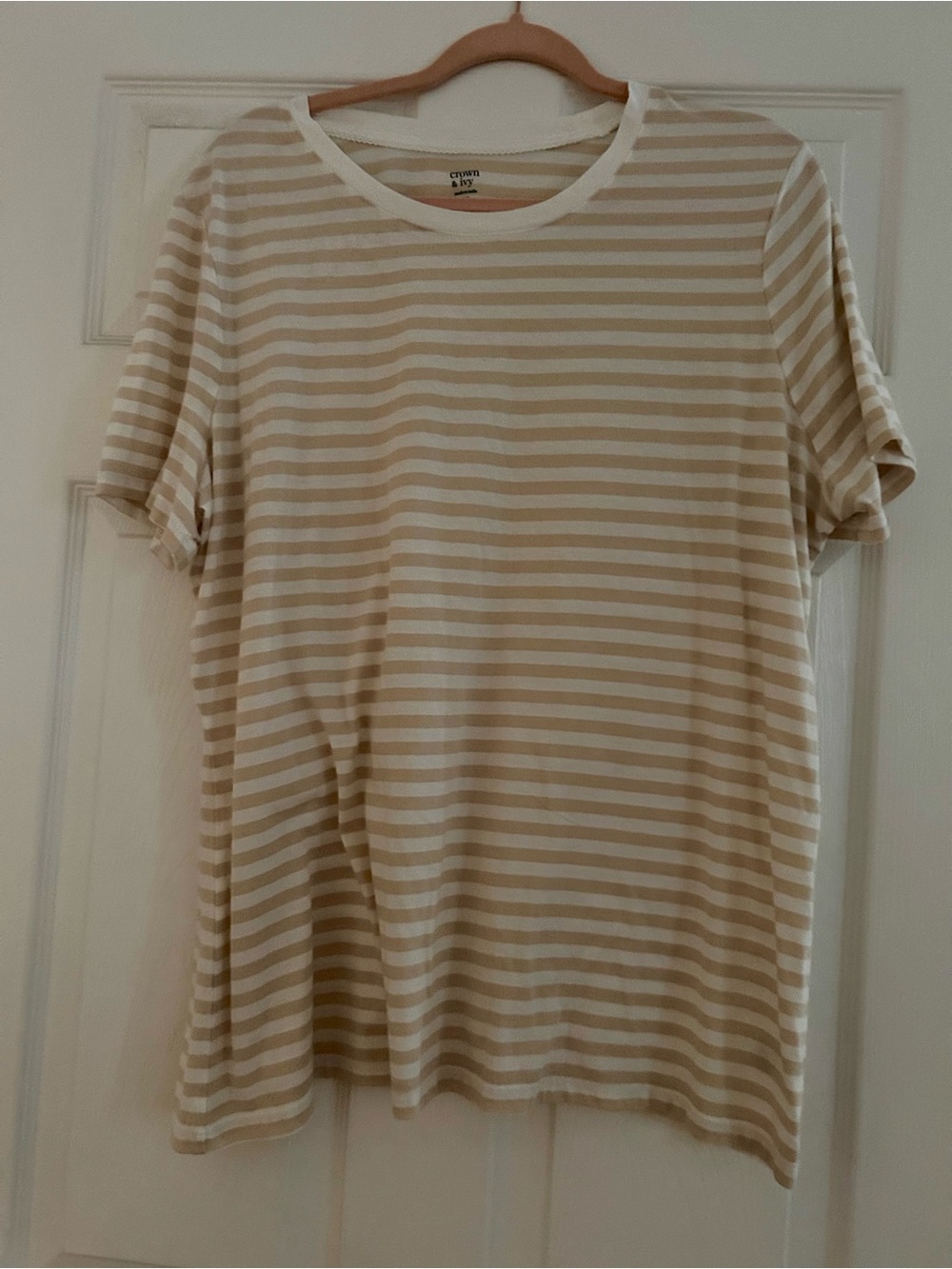 crown & ivy Beige/White Striped Short Sleeve Crew Tee